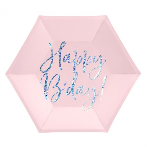 6 Pratos 20cm Happy B'day! Powder Pink
