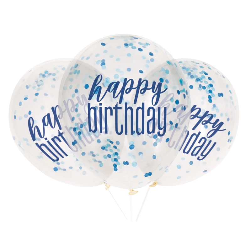 6 Balões Latex 12'' com confettis Happy Birthday Azul